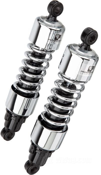 Ammortizzatori »412 Series Heavy Duty« di Progressive Suspension; atto per Sportster 2004-2020; acciaio / acciaio per molle, cromato; lunghezza: 330 mm; ochiello del amortizzatore: 15.9 mm; rigidità molla: 90/130 lbs/inch; con chiave di regolazione per ammortizzatori; rimpiazza OEM HD 54568-04; certificato; peso lordo: 4.6 kg