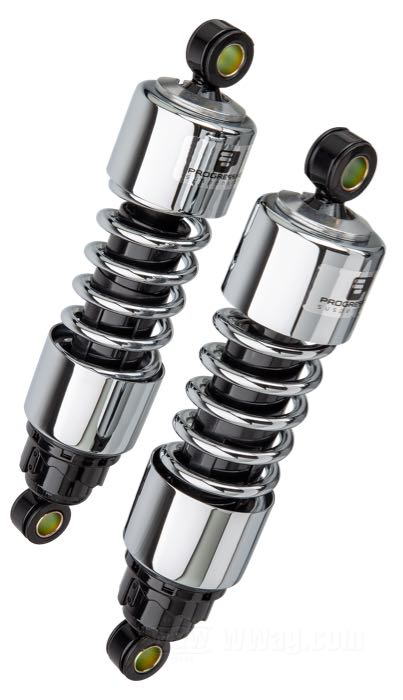 Ammortizzatori »412 Series Heavy Duty« di Progressive Suspension; atto per Sportster 2004-2020; acciaio / acciaio per molle, cromato; lunghezza: 292 mm; ochiello del amortizzatore: 15.9 mm; rigidità molla: 115/150 lbs/inch; con chiave di regolazione per ammortizzatori; rimpiazza OEM HD 54566-04; certificato; peso lordo: 4.7 kg