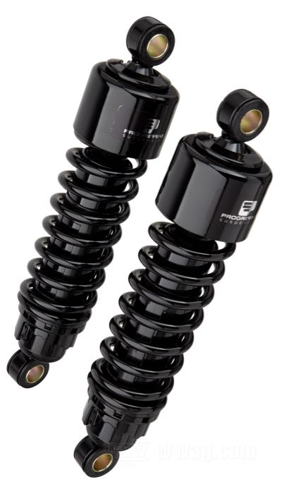 Ammortizzatori »412 Series Heavy Duty« di Progressive Suspension; atto per Sportster 2004-2020; acciaio / acciaio per molle, nero, rivestito a polvere; lunghezza: 292 mm; ochiello del amortizzatore: 15.9 mm; rigidità molla: 115/150 lbs/inch; con chiave di regolazione per ammortizzatori; rimpiazza OEM HD 54566-04; certificato; peso lordo: 4.47 kg