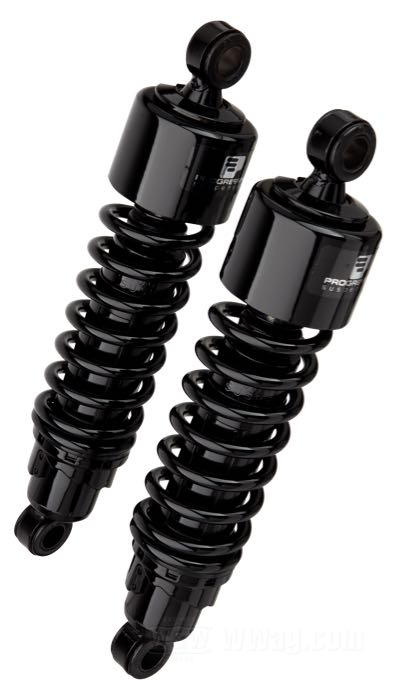 Ammortizzatori »412 Series Heavy Duty« di Progressive Suspension; atto per Sportster 2004-2020; acciaio / acciaio per molle, nero, rivestito a polvere; lunghezza: 305 mm; ochiello del amortizzatore: 15.9 mm; rigidità molla: 115/150 lbs/inch; con chiave di regolazione per ammortizzatori; certificato; peso lordo: 4.3 kg