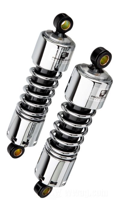 Ammortizzatori »412 Series Regular« di Progressive Suspension; atto per Sportster 2004-2020; acciaio / acciaio per molle, cromato; lunghezza: 280 mm; ochiello del amortizzatore: 15.9 mm; rigidità molla: 90/130 lbs/inch; con chiave di regolazione per ammortizzatori; certificato; peso lordo: 4.26 kg