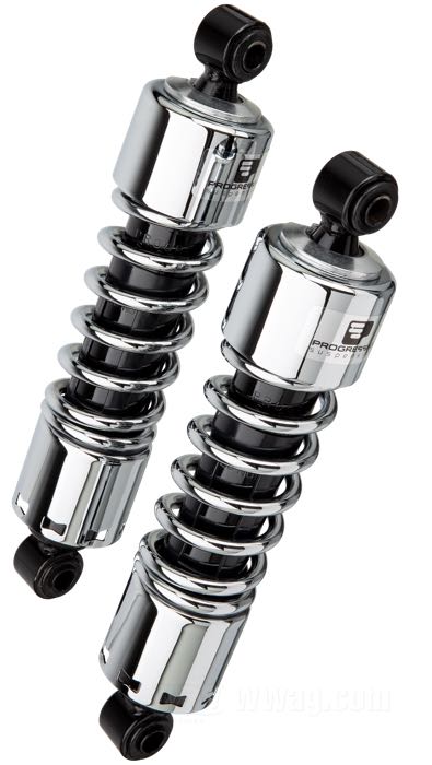 Ammortizzatori »412 Series Regular« di Progressive Suspension; atto per Dyna 1991→; acciaio / acciaio per molle, cromato; lunghezza: 305 mm; ochiello del amortizzatore: 12.9 mm; rigidità molla: 210/250 lbs/inch; con chiave di regolazione per ammortizzatori; rimpiazza OEM HD 54512-90A; certificato; peso lordo: 4.58 kg