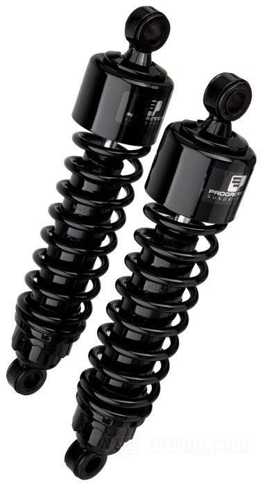 Stoßdämpfer »412 Series Regular« von Progressive Suspension; passend für Sportster 1979-2003, FXR →1994; Stahl / Federstahl, schwarz, kunststoffbeschichtet; Länge: 318 mm; Stoßdämpfer-Auge: 15.9 mm; Federrate: 75/120 lbs/inch; mit Einstellschlüssel; ersetzt OEM HD 54568-82; mit Teilegutachten; Bruttogewicht: 4.51 kg