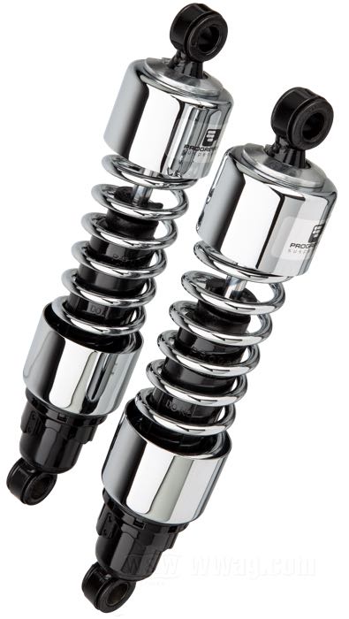 Stoßdämpfer »412 Series Regular« von Progressive Suspension; passend für Sportster 2004-2020; Stahl / Federstahl, verchromt; Länge: 330 mm; Stoßdämpfer-Auge: 15.9 mm; Federrate: 75/120 lbs/inch; mit Einstellschlüssel; ersetzt OEM HD 54568-04; mit Teilegutachten; Bruttogewicht: 4.45 kg