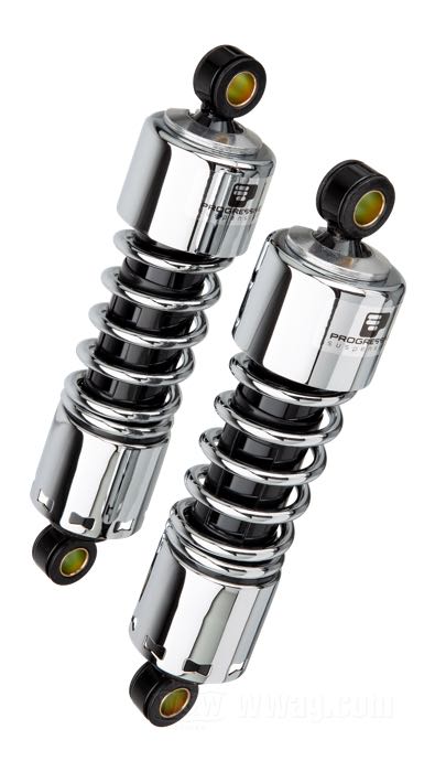 Stoßdämpfer »412 Series Heavy Duty« von Progressive Suspension; passend für Sportster 1979-2003, FXR →1994; Stahl / Federstahl, verchromt; Länge: 280 mm; Stoßdämpfer-Auge: 15.9 mm; Federrate: 115/155 lbs/inch; mit Einstellschlüssel; mit Teilegutachten; Bruttogewicht: 4.13 kg