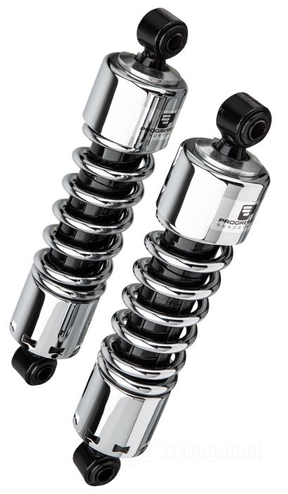 Stoßdämpfer »412 Series Heavy Duty« von Progressive Suspension; passend für Dyna 1991→; Stahl / Federstahl, verchromt; Länge: 305 mm; Stoßdämpfer-Auge: 12.9 mm; Federrate: 300/350 lbs/inch; mit Einstellschlüssel; ersetzt OEM HD 54512-90A; mit Teilegutachten; Bruttogewicht: 4.9 kg
