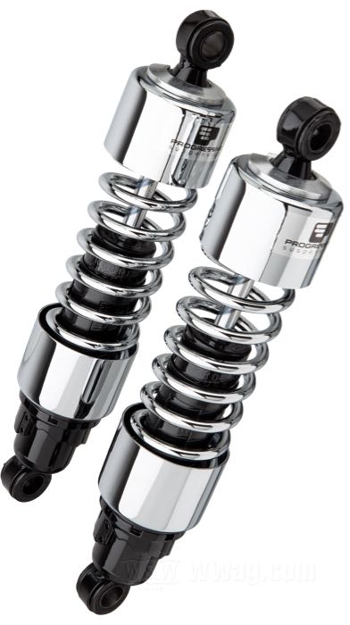 Ammortizzatori »412 Series Regular« di Progressive Suspension; atto per Touring 5 marce 1979-2005, Sportster 1979-2003, FXR →1994; acciaio / acciaio per molle, cromato; lunghezza: 318 mm; ochiello del amortizzatore: 12.9 mm; rigidità molla: 90/130 lbs/inch; con chiave di regolazione per ammortizzatori; rimpiazza OEM HD 54568-82; certificato; peso lordo: 4.61 kg