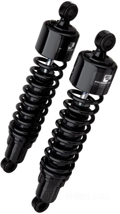Ammortizzatori »412 Series Regular« di Progressive Suspension; atto per Touring 5 marce 1979-2005, Sportster 1979-2003, FXR →1994; acciaio / acciaio per molle, nero, rivestito a polvere; lunghezza: 343 mm; ochiello del amortizzatore: 12.9 mm; rigidità molla: 90/130 lbs/inch; con chiave di regolazione per ammortizzatori; certificato; peso lordo: 4.44 kg