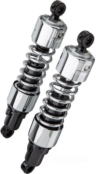 Ammortizzatori »412 Series Regular« di Progressive Suspension; atto per Touring 5 marce 1979-2005, Sportster 1979-2003, FXR →1994; acciaio / acciaio per molle, cromato; lunghezza: 343 mm; ochiello del amortizzatore: 12.9 mm; rigidità molla: 90/130 lbs/inch; con chiave di regolazione per ammortizzatori; certificato; peso lordo: 4.65 kg