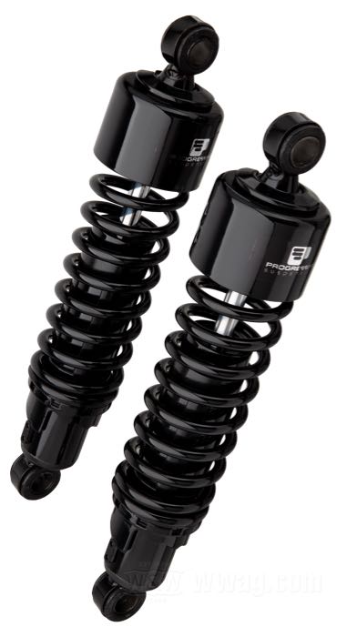 Ammortizzatori »412 Series Regular« di Progressive Suspension; atto per Touring 5 marce 1979-2005, Sportster 1979-2003, FXR →1994; acciaio / acciaio per molle, nero, rivestito a polvere; lunghezza: 318 mm; ochiello del amortizzatore: 12.9 mm; rigidità molla: 90/130 lbs/inch; con chiave di regolazione per ammortizzatori; rimpiazza OEM HD 54568-82; certificato; peso lordo: 4.5 kg