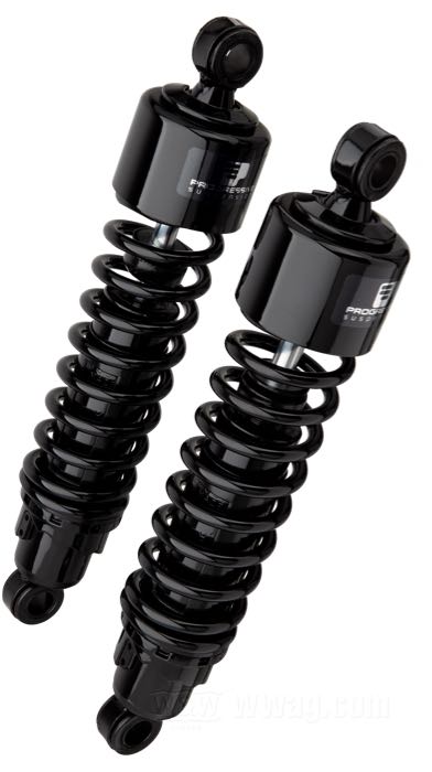 Ammortizzatori »412 Series Regular« di Progressive Suspension; atto per Touring 5 marce 1979-2005, Sportster 1979-2003, FXR →1994; acciaio / acciaio per molle, nero, rivestito a polvere; lunghezza: 330 mm; ochiello del amortizzatore: 12.9 mm; rigidità molla: 90/130 lbs/inch; con chiave di regolazione per ammortizzatori; rimpiazza OEM HD 54502-87; certificato; peso lordo: 4.4 kg