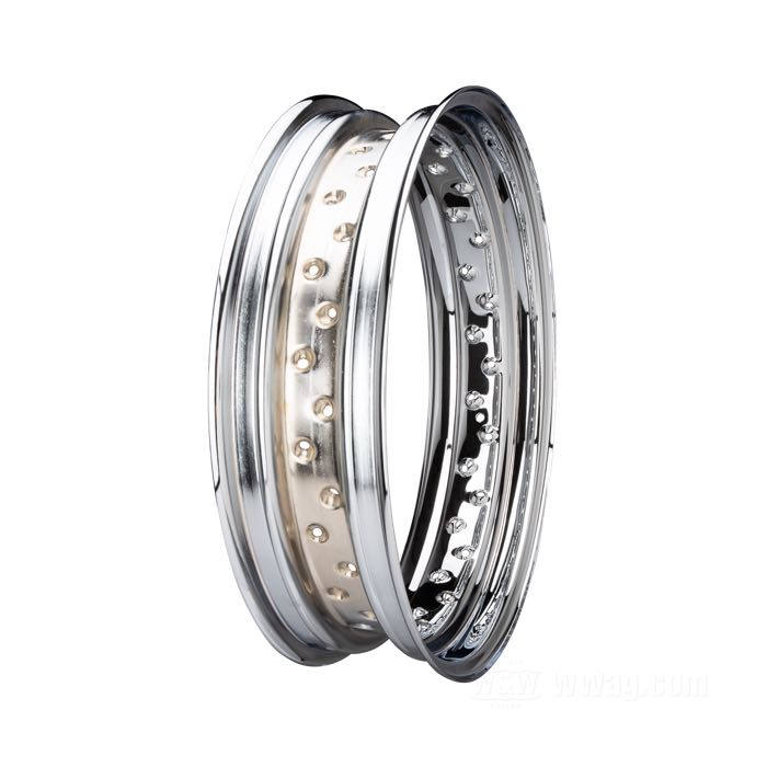 Rim; steel; profile: drop-center; rim finish: chrome plated; 4.5x18 ”; Number of Spoke Holes: 40; metal valve in center; Inner Ø: 416 mm; for wide and narrow hubs; gross weight: 4.77 kg