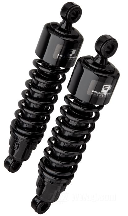 Stoßdämpfer »412 Series Heavy Duty« von Progressive Suspension; passend für 5 Gang Touring 1979-2005, Sportster 1979-2003, FXR →1994; Stahl / Federstahl, schwarz, kunststoffbeschichtet; Länge: 305 mm; Stoßdämpfer-Auge: 15.9 mm; Federrate: 115/155 lbs/inch; mit Einstellschlüssel; mit Teilegutachten; Bruttogewicht: 4.42 kg
