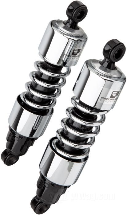 Stoßdämpfer »412 Series Heavy Duty« von Progressive Suspension; passend für 5 Gang Touring 1979-2005, Sportster 1979-2003, FXR →1994; Stahl / Federstahl, verchromt; Länge: 305 mm; Stoßdämpfer-Auge: 15.9 mm; Federrate: 115/155 lbs/inch; mit Einstellschlüssel; mit Teilegutachten; Bruttogewicht: 4.55 kg