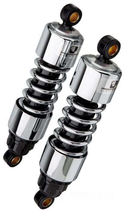 Ammortizzatori »412 Series Regular« di Progressive Suspension; atto per Touring 2006→; acciaio / acciaio per molle, cromato; lunghezza: 292 mm; ochiello del amortizzatore: 15.9 mm; rigidità molla: 115/155 lbs/inch; con chiave di regolazione per ammortizzatori; rimpiazza OEM HD 54662-09 e 54662-02A; certificato; peso lordo: 4.7 kg