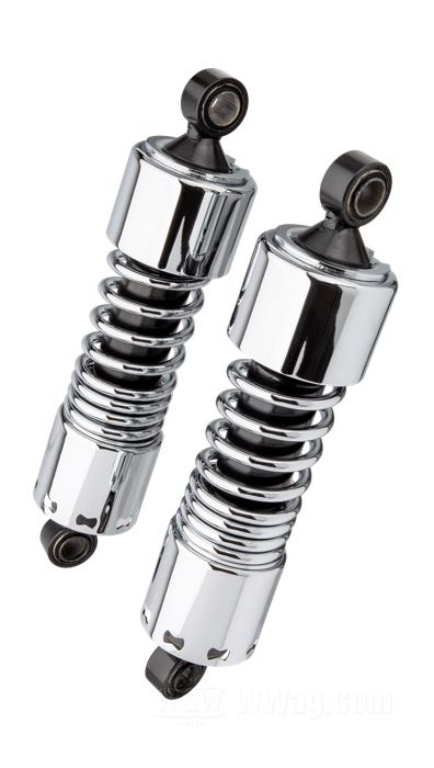 Amortisseurs »Standard«; adaptable à Sportster 1979-2003, FXR et Touring 1980-2005; acier / acier à ressort, chromé; longueur: 280 mm; oeillet de l'amortisseur: 15.9 mm; poids brut: 3.92 kg