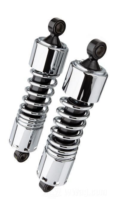 Amortisseurs »Standard«; adaptable à Sportster 1979-2003, FXR et Touring 1980-2005; acier / acier à ressort, chromé; longueur: 292 mm; oeillet de l'amortisseur: 15.9 mm; poids brut: 3.99 kg