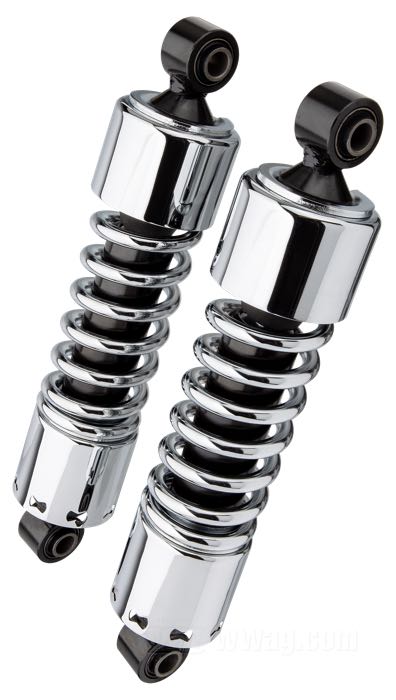 Amortisseurs »Standard«; adaptable à FL/FX 1973-1985; acier / acier à ressort, chromé; longueur: 305 mm; oeillet de l'amortisseur: 12.9 mm; remplace OEM HD 54509-73A; poids brut: 5.05 kg