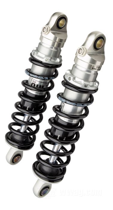 Amortisseurs »S36E« de Öhlins; adaptable à Road King Custom FLHRS 2004-2007, Street Glide FLHX(S) 2006-2018; pour l’abaissement l’arrière de la moto; alu billet / acier / acier à ressort, ressorts noirs; longueur: 296 mm; oeillet de l'amortisseur: 14 mm; avec homologation nationale allemande; poids brut: 3.55 kg