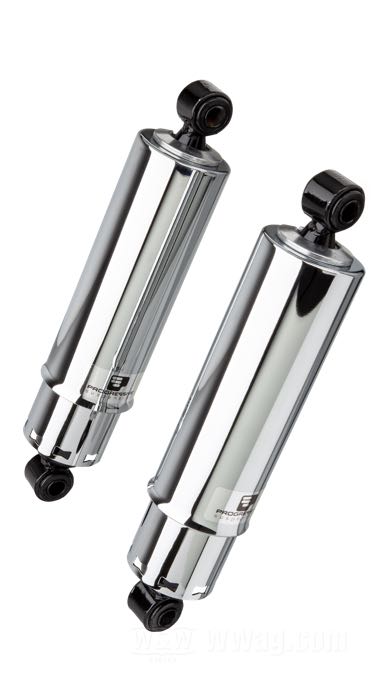 Ammortizzatori »Regular Full Cover« di Progressive Suspension; atto per FL/FX 1973-1985; acciaio / acciaio per molle, cromato; lunghezza: 305 mm; ochiello del amortizzatore: 12.9 mm; rigidità molla: 300/350 lbs/inch; con chiave di regolazione per ammortizzatori; certificato; peso lordo: 5.94 kg