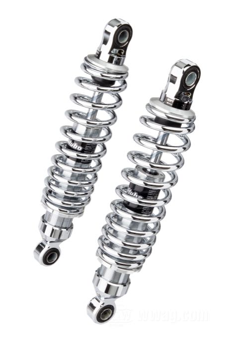 Ammortizzatori di Bitubo; atto per Sportster 1979-2003, FXR; acciaio per molle / acciaio / alluminio billet, cromato; lunghezza: 301 mm; ochiello del amortizzatore: 13.9 mm; con chiave di regolazione per ammortizzatori; Italia; peso lordo: 4.1 kg