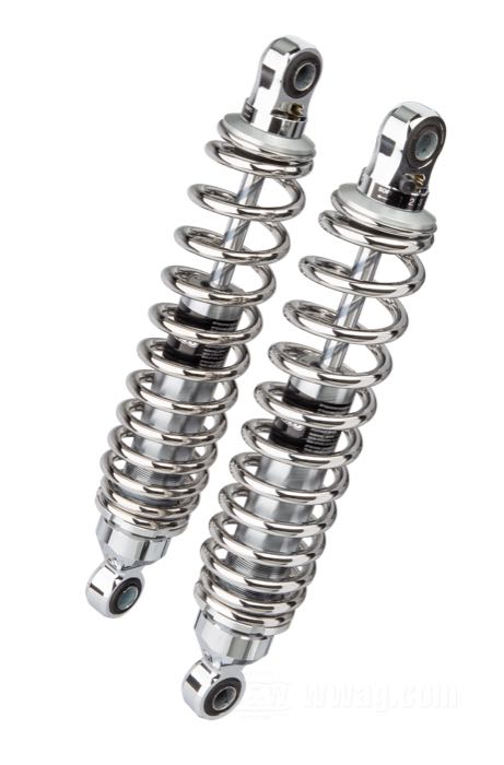 Amortisseurs de Bitubo; adaptable à Sportster 1979-2003, FXR; acier à ressort / acier / alu billet, chromé; longueur: 331 mm; oeillet de l'amortisseur: 13.9 mm; avec clé de réglage amortisseurs; Italie; poids brut: 4.3 kg