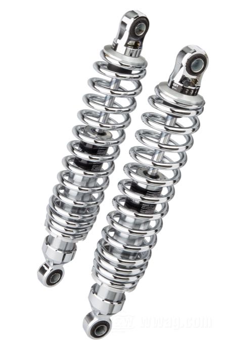 Amortisseurs de Bitubo; adaptable à Sportster 1979-2003, FXR; acier à ressort / acier / alu billet, chromé; longueur: 351 mm; oeillet de l'amortisseur: 13.9 mm; avec clé de réglage amortisseurs; Italie; poids brut: 5 kg