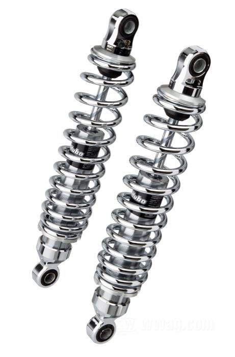 Ammortizzatori di Bitubo; atto per Sportster 1979-2003, FXR; acciaio per molle / acciaio / alluminio billet, cromato; lunghezza: 341 mm; ochiello del amortizzatore: 13.9 mm; con chiave di regolazione per ammortizzatori; Italia; peso lordo: 4.35 kg