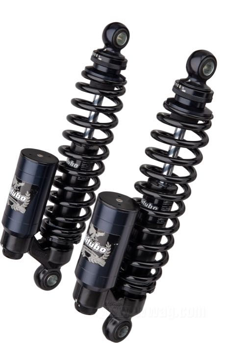 Ammortizzatori di Bitubo; atto per Sportster 1979-2003, FXR; alluminio billet / acciaio / acciaio per molle, antracite, anodizzato; lunghezza: 331 mm; ochiello del amortizzatore: 13.9 mm; con chiave di regolazione per ammortizzatori; Italia; peso lordo: 4.8 kg