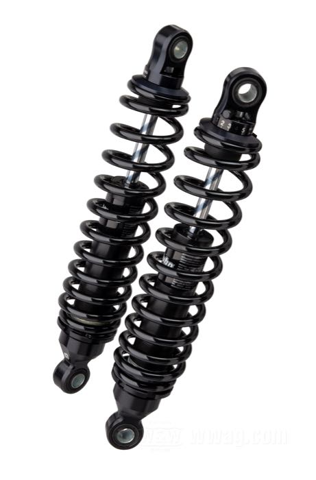 Amortisseurs de Bitubo; adaptable à Sportster 1979-2003, FXR; acier à ressort / acier / alu billet, anodisé noir / finition époxy; longueur: 331 mm; oeillet de l'amortisseur: 13.9 mm; avec clé de réglage amortisseurs; Italie; poids brut: 3.95 kg