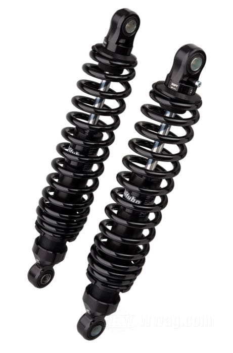 Amortisseurs de Bitubo; adaptable à Sportster 1979-2003, FXR; acier à ressort / acier / alu billet, anodisé noir / finition époxy; longueur: 351 mm; oeillet de l'amortisseur: 13.9 mm; avec clé de réglage amortisseurs; Italie; poids brut: 4.38 kg