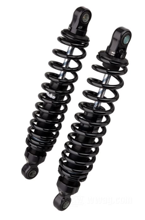 Stoßdämpfer von Bitubo; passend für Sportster 1979-2003, FXR; Federstahl / Stahl / Billet-Aluminium, schwarz eloxiert / kunststoffbeschichtet; Länge: 341 mm; Stoßdämpfer-Auge: 13.9 mm; mit Einstellschlüssel; Italien; Bruttogewicht: 3.99 kg