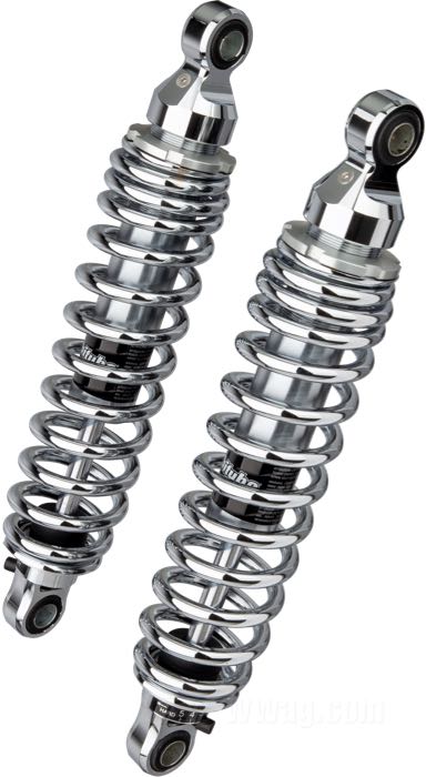Amortisseurs de Bitubo; adaptable à Dyna 1991→; acier à ressort / acier / alu billet, chromé; longueur: 331 mm; oeillet de l'amortisseur: 13.9 mm; avec clé de réglage amortisseurs; Italie; poids brut: 4.3 kg