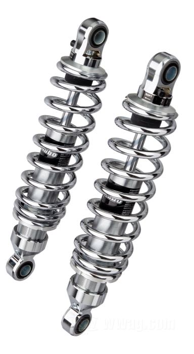 Amortisseurs de Bitubo; adaptable à Dyna 1991→; acier à ressort / acier / alu billet, chromé; longueur: 301 mm; oeillet de l'amortisseur: 13.9 mm; avec clé de réglage amortisseurs; Italie; poids brut: 4.2 kg