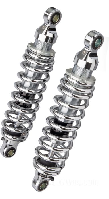 Amortisseurs de Bitubo; adaptable à Dyna 1991→; acier à ressort / acier / alu billet, chromé; longueur: 306 mm; oeillet de l'amortisseur: 13.9 mm; avec clé de réglage amortisseurs; Italie; poids brut: 4.06 kg