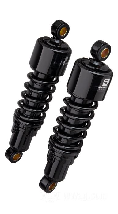 Stoßdämpfer »412 Series Regular« von Progressive Suspension; passend für Sportster 1979-2003, FXR →1994; Stahl / Federstahl, schwarz, kunststoffbeschichtet; Länge: 280 mm; Stoßdämpfer-Auge: 15.9 mm; Federrate: 90/130 lbs/inch; mit Einstellschlüssel; mit Teilegutachten; Bruttogewicht: 3.8 kg