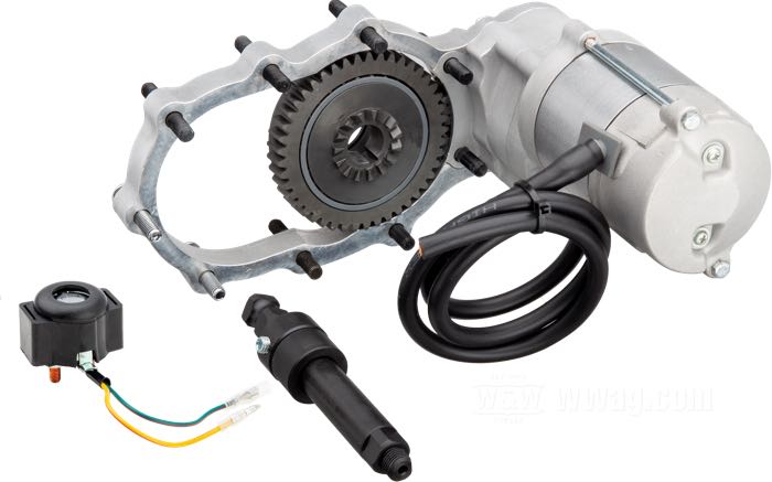 Kit de arranque eléctrico »StealthStarter Kick Drive« de Cannonball; apropiado para Big Twins de chasis rígido con 4 velocidades; acero / aluminio; 1.4 kW; Austria; peso bruto: 8.55 kg