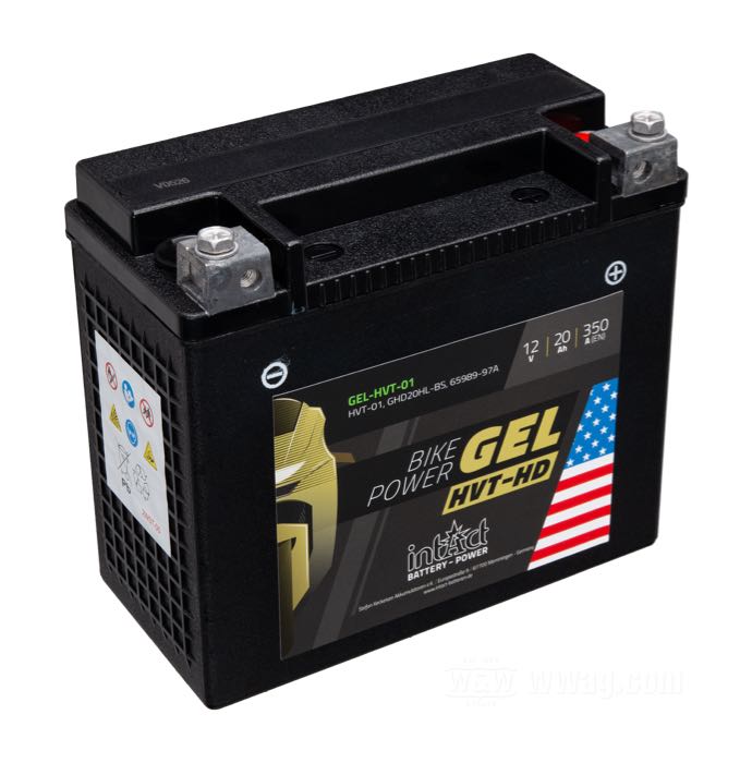Batterie »GEL-HVT-01« von intAct Battery-Power; passend für Softail und Dyna Glide 1997→, Sportster 1997-2003, Buell 1999→, V-Rod 2007→ (exc. VRSCR); schwarz; B x H x T: 171 x 150 x 85 mm; 12 V; 20 Ah; Kaltstartstrom (EN): 350 A; Polanschlüsse: M6 (Schrauben im Lieferumfang); ersetzt OEM HD 65989-97 und 66000207; Bruttogewicht: 6.35 kg
