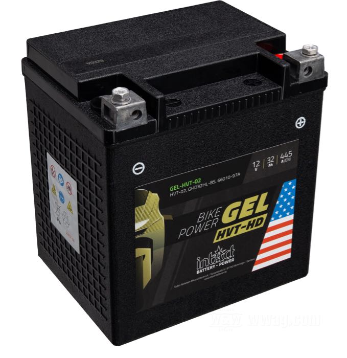 Batteria »GEL-HVT-02« di intAct Battery-Power; atto per FLT, FLHT, FLHR 1997→; nero; L x A x P: 160 x 173 x 125 mm; 12 V; 32 Ah; corrente avviamento in freddo (EN): 445 A; collegamento: M6 (viti incluse); rimpiazza OEM HD 66010-97 e 66000212; peso lordo: 10.3 kg