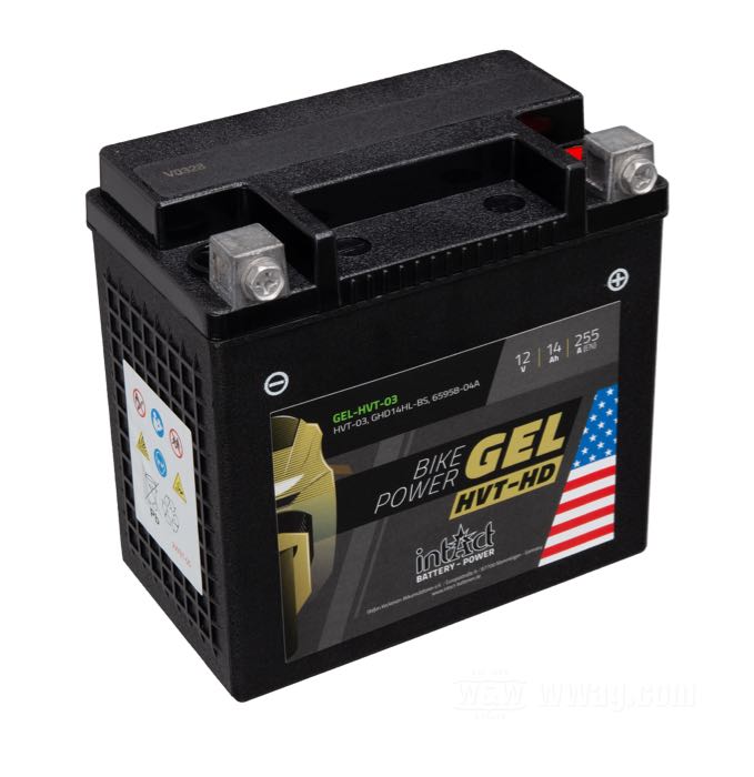 Batteria »GEL-HVT-03« di intAct Battery-Power; atto per Sportster 2004-2020; nero; L x A x P: 145 x 143 x 85 mm; 12 V; 14 Ah; corrente avviamento in freddo (EN): 255 A; collegamento: M6 (viti incluse); rimpiazza OEM HD 65958-04 e 66000208; peso lordo: 4.67 kg