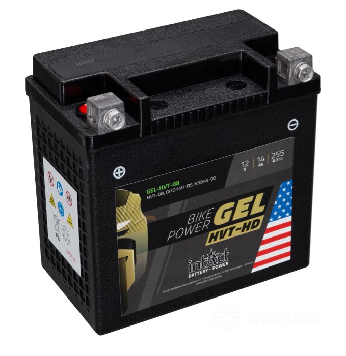 Batteria »GEL-HVT-08« di intAct Battery-Power; atto per V-Rod →2006, VRSCR →2007, Buell XB1R 2003; nero; L x A x P: 145 x 142 x 85 mm; 12 V; 14 Ah; corrente avviamento in freddo (EN): 255 A; collegamento: M6 (viti incluse); rimpiazza OEM HD 65948-00 e 66000206; peso lordo: 4.68 kg