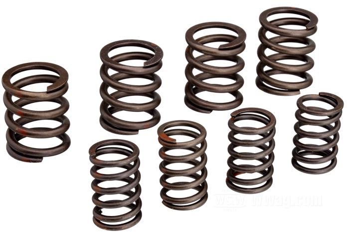Ressorts de soupape; adaptable à Sportster Late 1983-1985; acier à ressort; levée max.: 0.450 ”; pression soupape fermée: 90 lbs; pression soupape ouverte: 280 lbs; 8 pièces; remplace OEM HD 18204-83 et 18203-83; poids brut: 300 g
