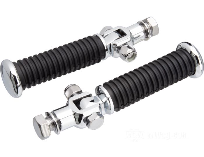 Footpegs; fits FX, Sportster models; steel / rubber, chrome-plated, with 7/16“ female mounts; Ø 27 mm; thread: 1/2”-20; replaces OEM HD 50907-69A; gross weight: 760 g