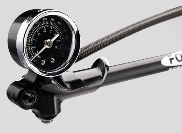 Air pump by Fournales Suspension; billet aluminum / steel / spring steel, 0-40 bar; length: 330 mm; with Pressure gauge; gross weight: 260 g