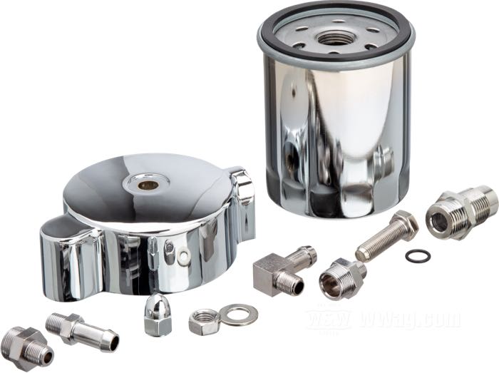 Oil filter »Old Style«; with spin-on filter; steel / cast aluminum / paper, chrome-plated; thread for oil lines: 1/8”-27 NPT; thread for oil filter: 3/4”-16; with filter; gross weight: 800 g