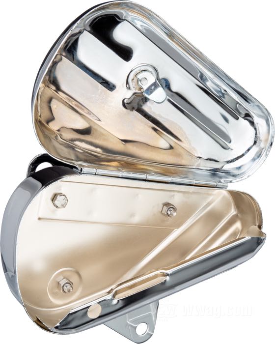 Caja de herramientas »Teardrop«; apropiado para todos los modelos 1984-1999 Softail, salvo FLSTS y modelos con sistema de escape Dual Fishtail; left side; acero, cromado; L x A x F: 18 x 8.5 x 8.5 cm; peso bruto: 2.2 kg