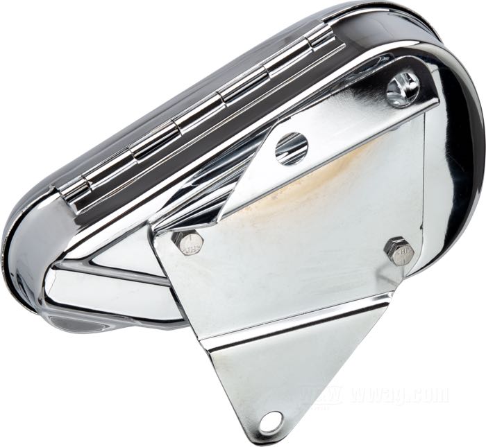 Caja de herramientas »Teardrop«; apropiado para todos los modelos 1984-1999 Softail, salvo FLSTS y modelos con sistema de escape Dual Fishtail; left side; acero, cromado; L x A x F: 18 x 8.5 x 8.5 cm; peso bruto: 2.2 kg