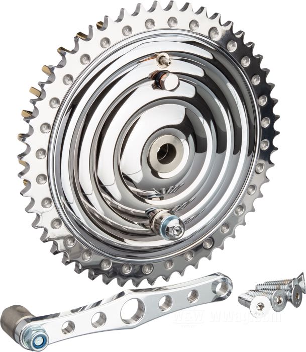 Brake by Kustom Tech; fits 1973-1999 flange hubs; steel / billet aluminum, chrome-plated, with brass fins; required brake fluid: DOT 3, 4 or 5; gross weight: 9.4 kg
