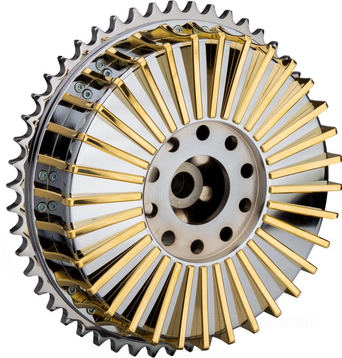 Brake by Kustom Tech; fits 1973-1999 flange hubs; steel / billet aluminum, chrome-plated, with brass fins; required brake fluid: DOT 3, 4 or 5; gross weight: 9.4 kg