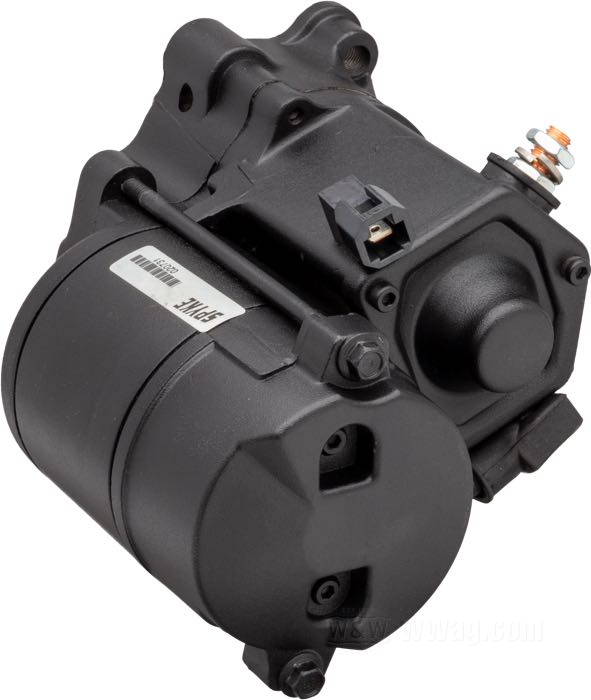 Starter motor by Spyke; fits Sportster 1981-2020, Buell (exc. 1125); black; 1.4 kW; replaces OEM HD 31390-86; gross weight: 4.2 kg